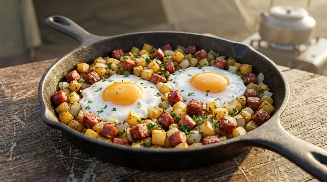 Crispy cacciatore salami, potato and egg hash in a cast-iron pan