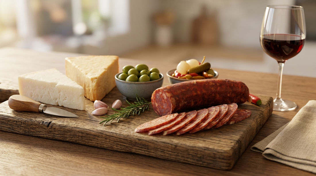 Cacciatore salami sliced on a rustic timber board with hard cheeses, green olives, pickled vegetables and a glass of red wine
