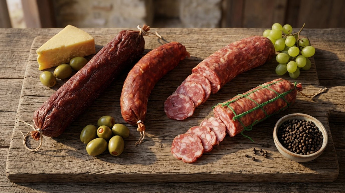 Gluten free salami on a rustic timber grazing board with sliced salami, aged cheese, green olives, grapes and black peppercorns