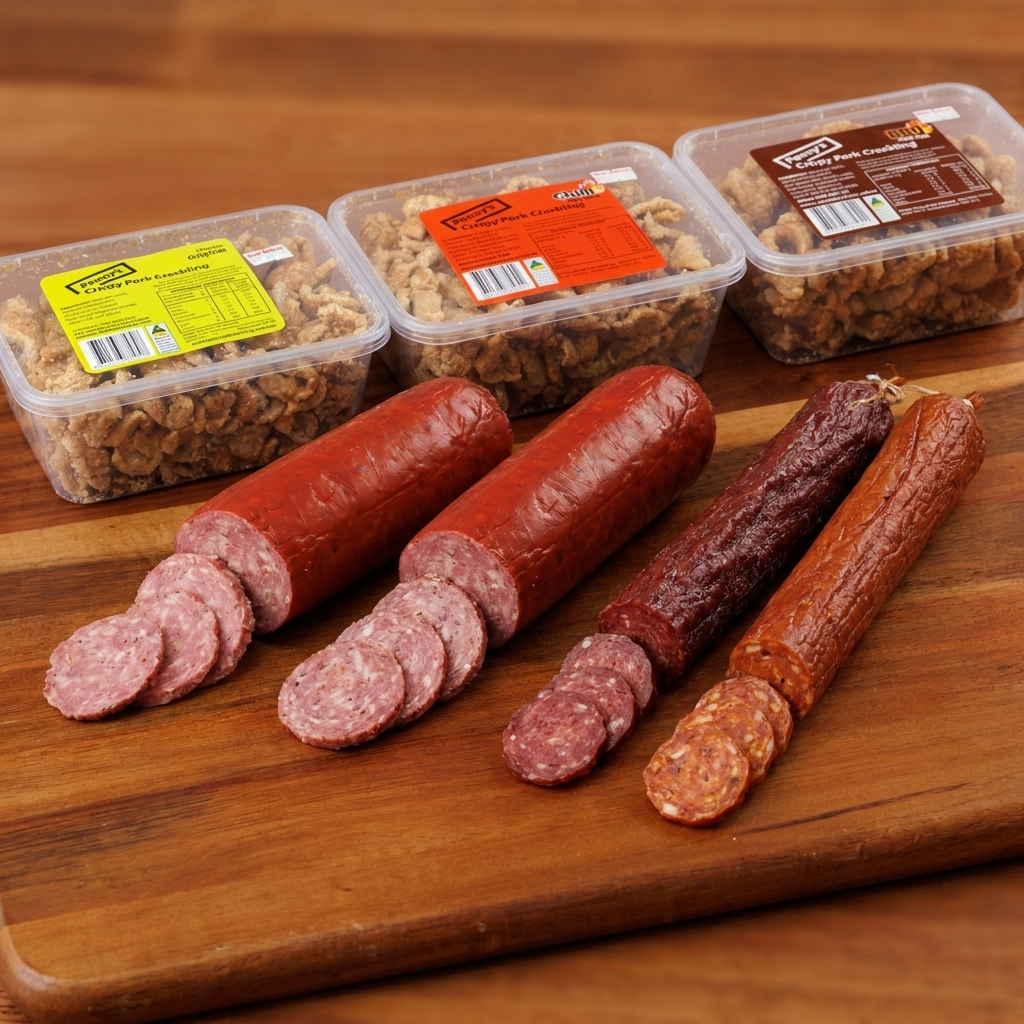 The Beer Hall Board — mettwurst, Danish salami and three Penny’s pork crackles