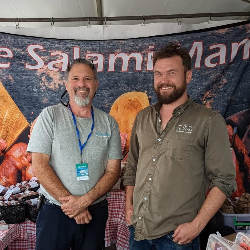 Shaun from The Salami Man and Harry at the market stall, 4WD and Adventure Show