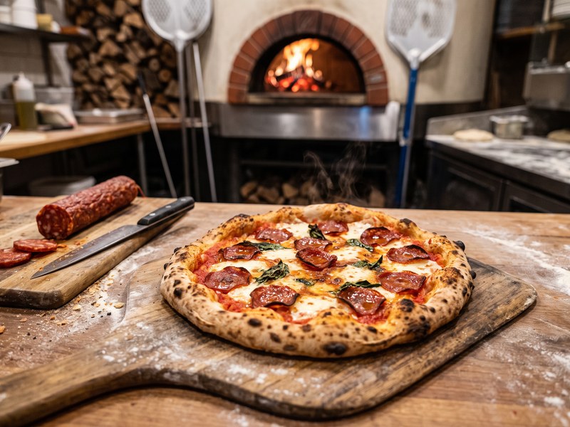Wood-fired pizza with pepperoni beside a whole pepperoni stick