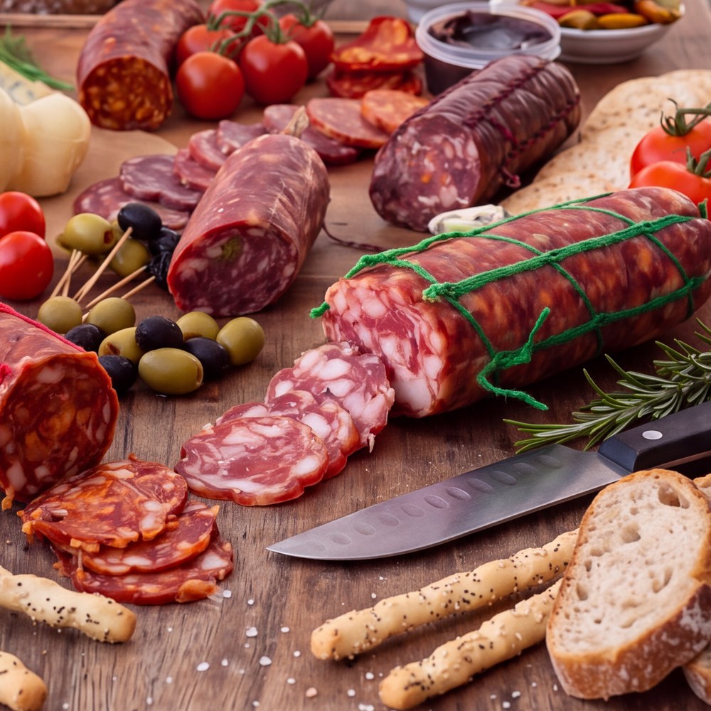 Close-up of sliced salami in twine netting with olives and cherry tomatoes on a timber board