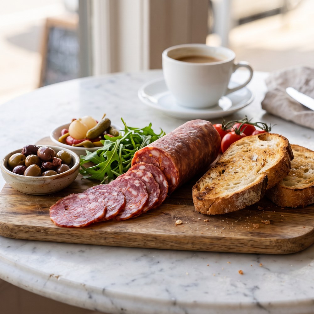 Sliced salami on a timber board with toast, olives and coffee on a cafe table