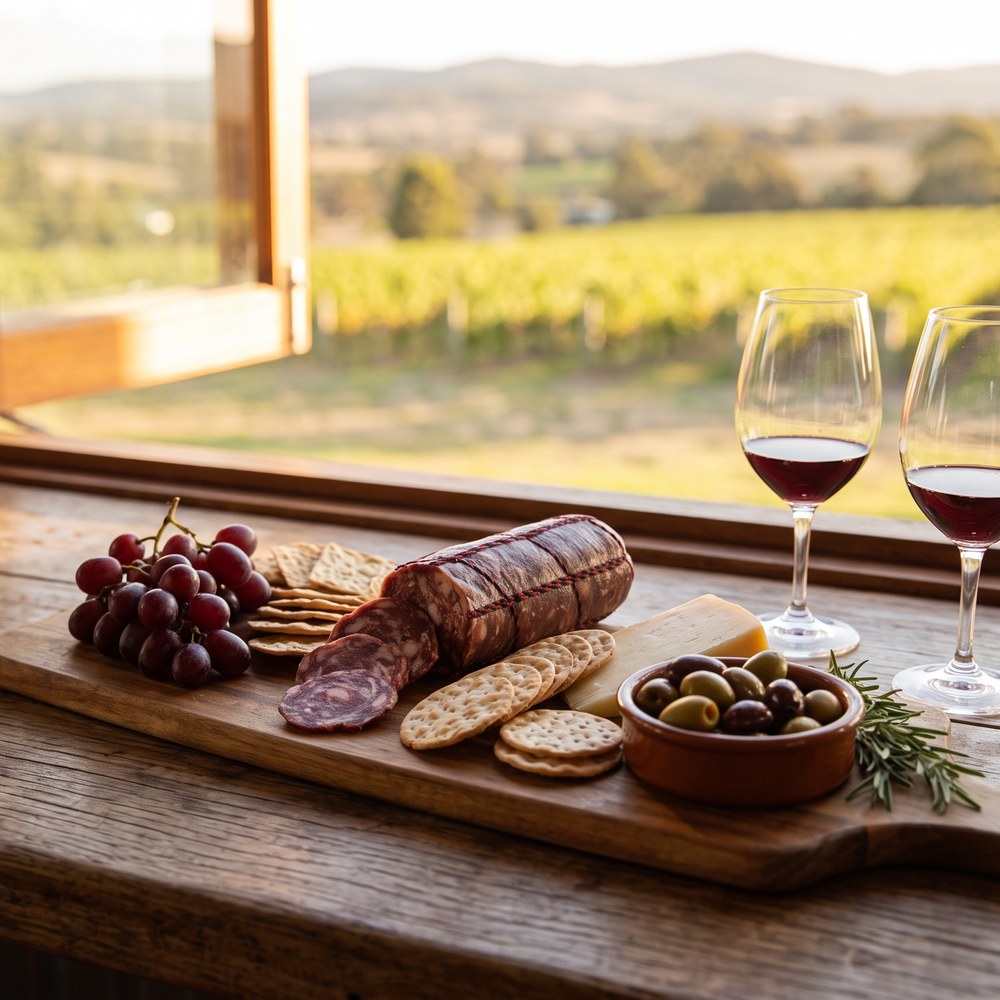 Salami tasting board with two glasses of red wine overlooking vineyard rows