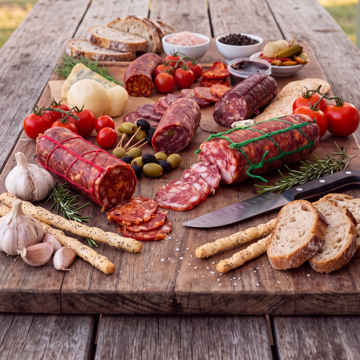 Abundant salami grazing board with bread, olives, cherry tomatoes and garlic on a weathered timber table