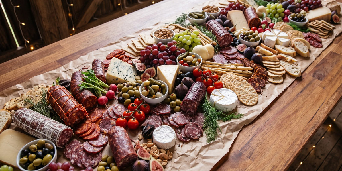 Abundant catered grazing table with sliced and whole salami, cheese, fruit and crackers