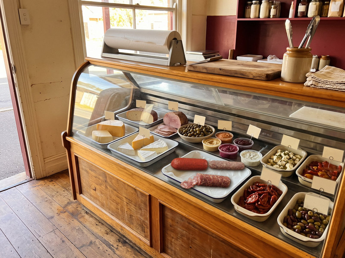 Country grocer deli counter with timber trim in morning light, holding cheeses, ham, olives, dips and a small tray of salami