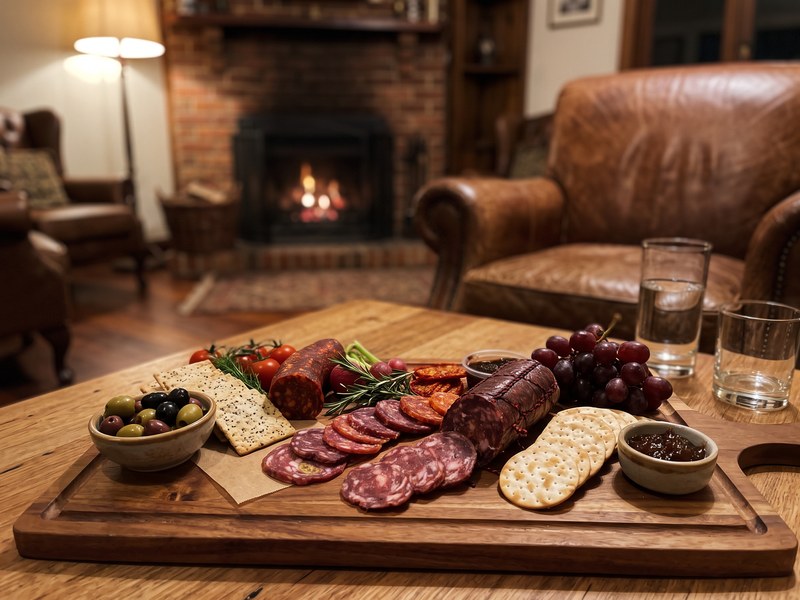 Salami share board on a low table in a country hotel lounge by the fire