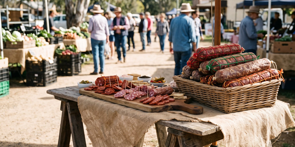 Farmers market stall with a salami tasting board and a basket of whole salami