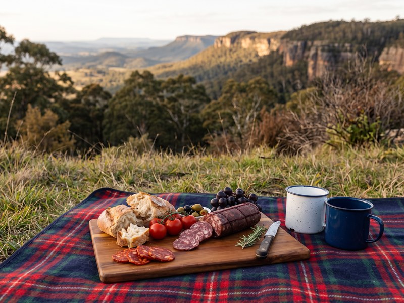 Salami picnic board on a tartan rug overlooking Central Tablelands escarpments