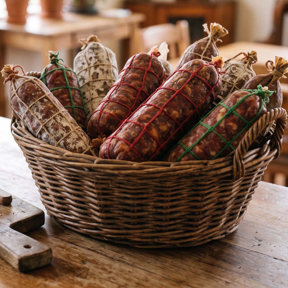 Basket of whole salami in twine netting on a timber cafe counter