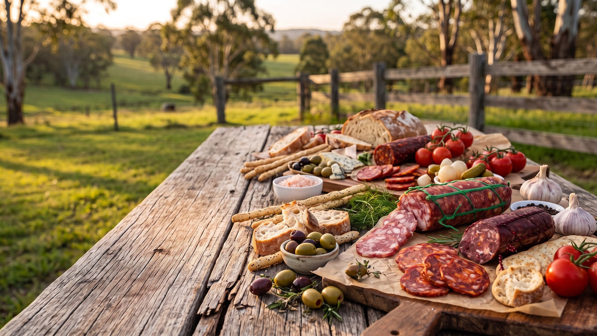 Rustic salami charcuterie spread on a timber table in the Country NSW paddocks at golden hour
